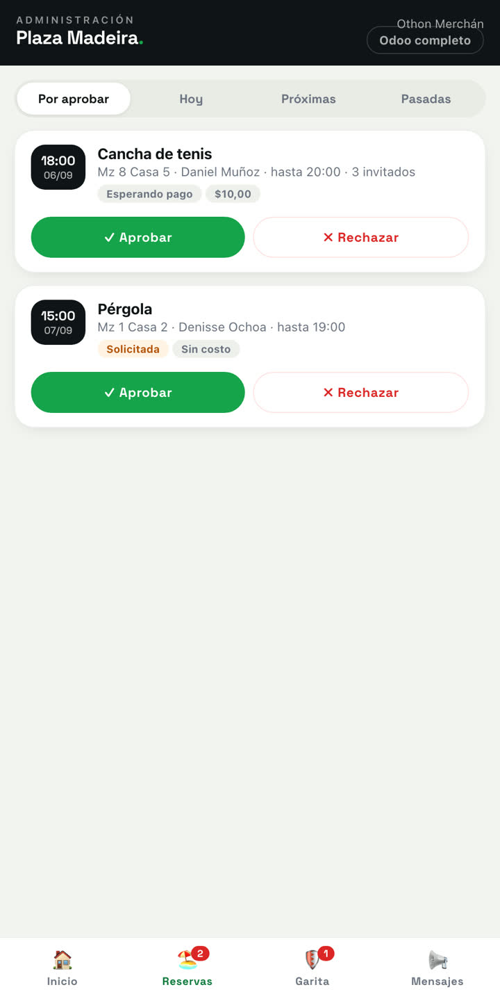 App del administrador: reservas por aprobar