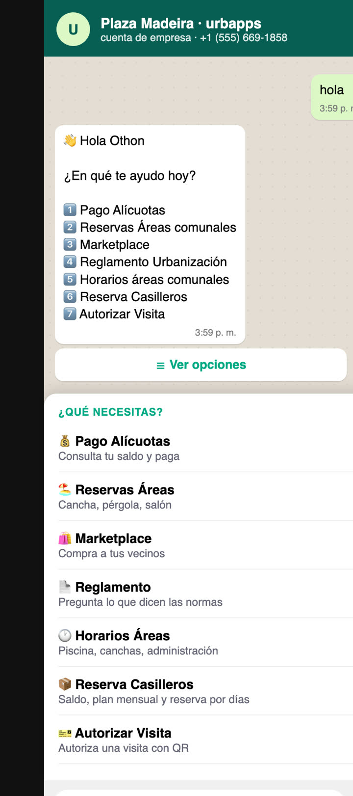 Menú del bot de urbapps en WhatsApp