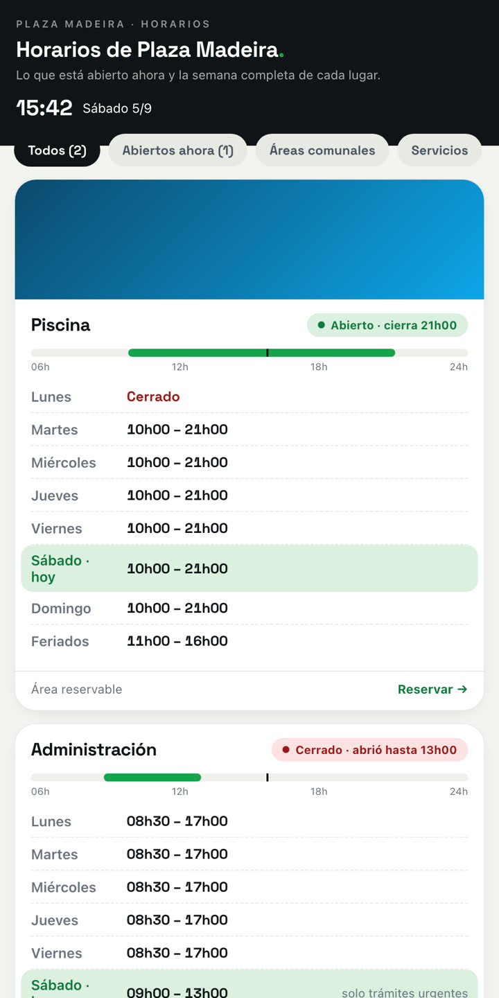 Página de horarios con lo abierto ahora