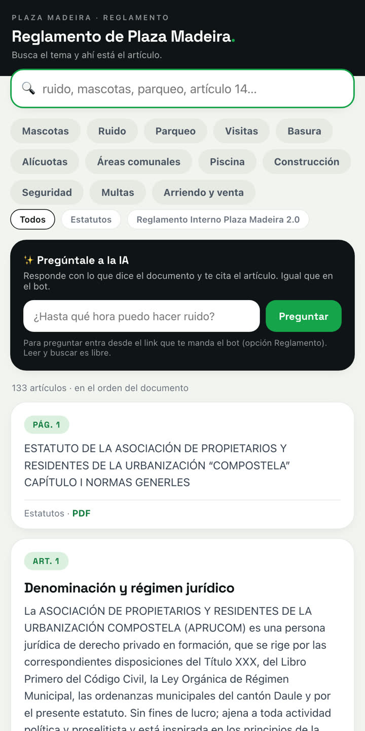 Página del reglamento con búsqueda por temas